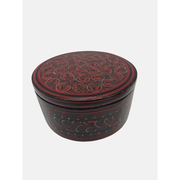 3 Handcrafted Round Lacquerware Nesting Storage Boxes Red & Black Patterns - Picture 3 of 7